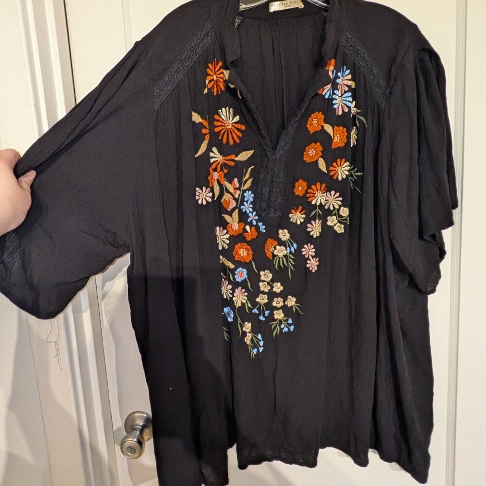 2XL Black Embroidered Bohemian Plus Size Rayon Top Loose Fitting Flowers EShaki